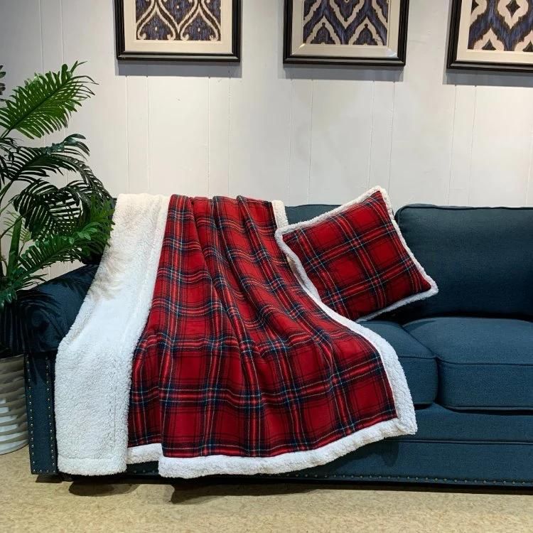 100% Polyester Red Check Printed Revsible Sherpa Bedding Sofa Blanket