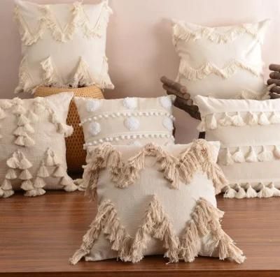 Cotton Linen Tassel Tufted Pillow Cushion Cover Waist Pillowcase for Living Room