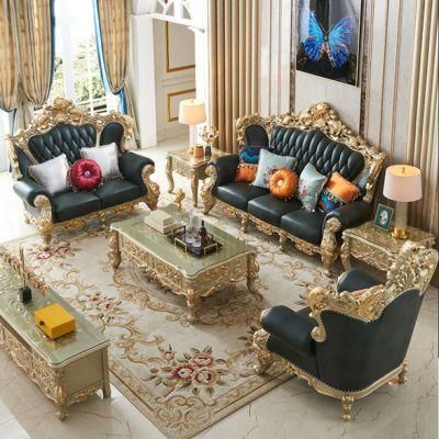 Wood Carved Royal Leather Sofa with Glass Table in Optional Furnitures Color and Sofas Seat