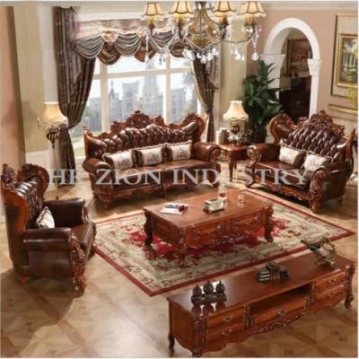 High End European Style Antique Sofa Classic Living Room Furniture Sets Chaise Longue Brown Solid Wood Frame Genuine Leather Sectional Sofa