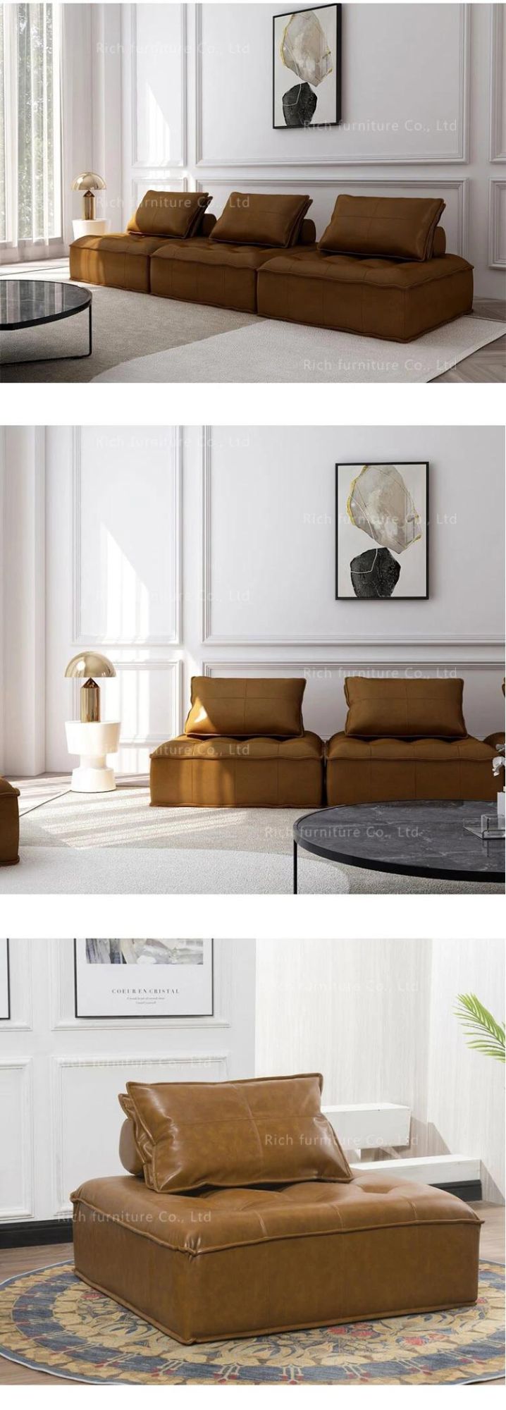 Sofa Tufted Settee Living Room Furniture Single Sofa Italy Lazy Tan Faux Leather Minimalist Top Grain Leather Sofa