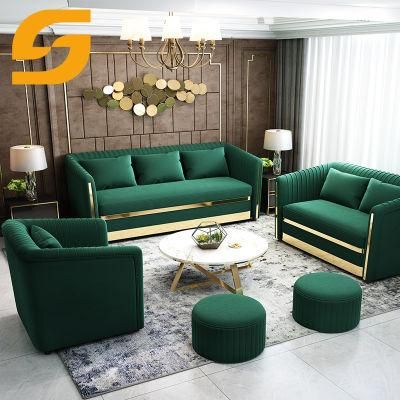 Luxury Metal Hotel Home Furniture Design Green Cloth Velvet Sectional Couch Set Living Room Fabric Sofa