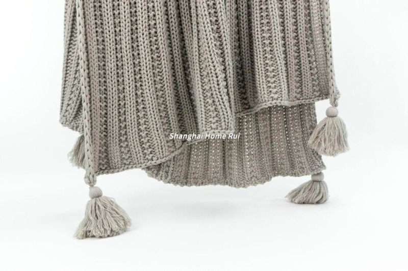 Home Outdoor Travel Bed Sofa Car Soft Warm Grey Knitted Striped Line Texture Structure Acrylic Pompom Tassel Throw Blanket Cover
